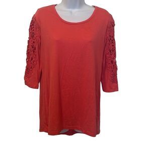 𝅺Cato EUC Pink Crochet detail Three Quarter Sleeve Top Sz M‎
